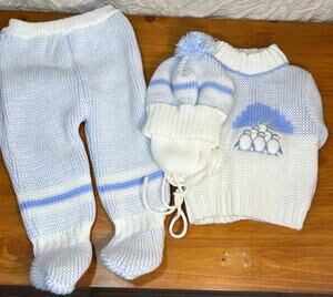VTG Baby Boy Knit Sweater Set 3-6 Months Blue Penguin Outfit Hat Footed Pants